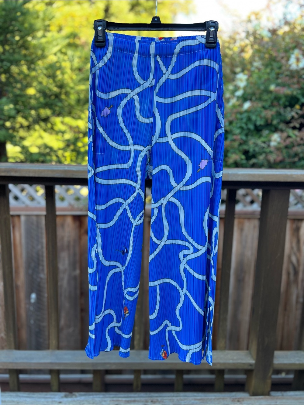 Blue Abstract Pleated Wide-Leg Pants